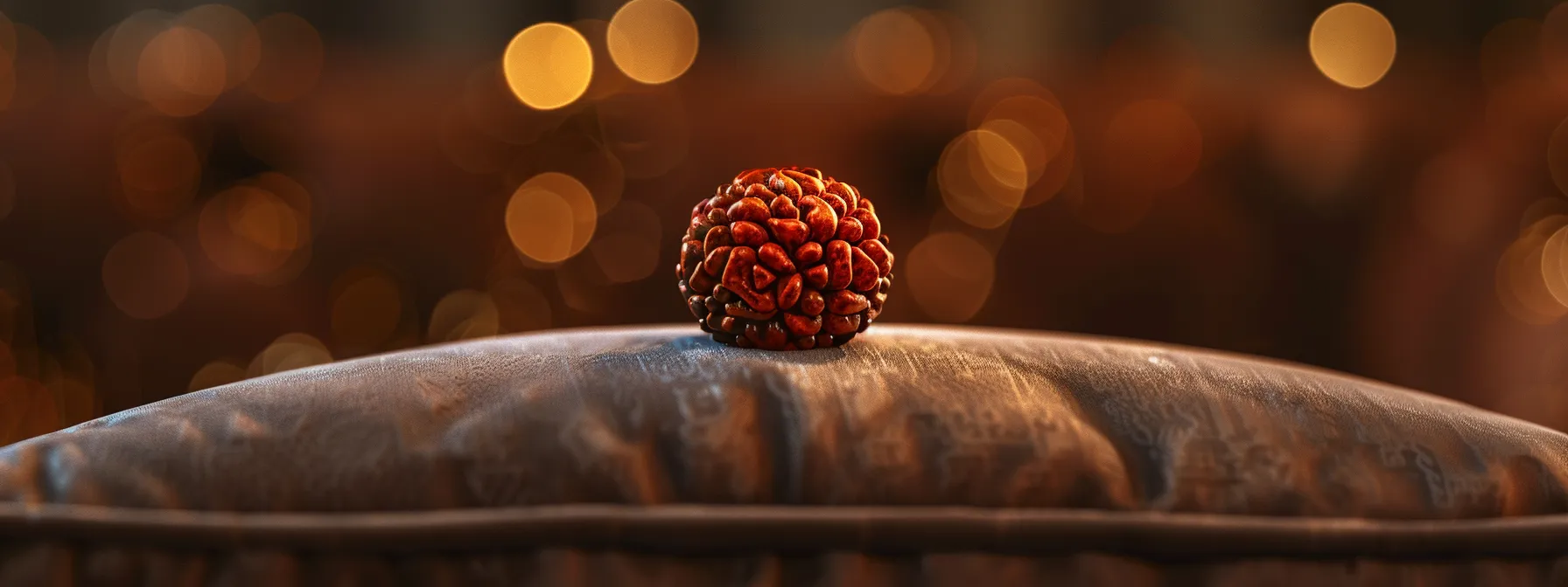 a close-up photo of a shiny thirteen mukhi rudraksha bead resting on a soft velvet cushion, surrounded by a faint glow, symbolizing its powerful and mystical properties.