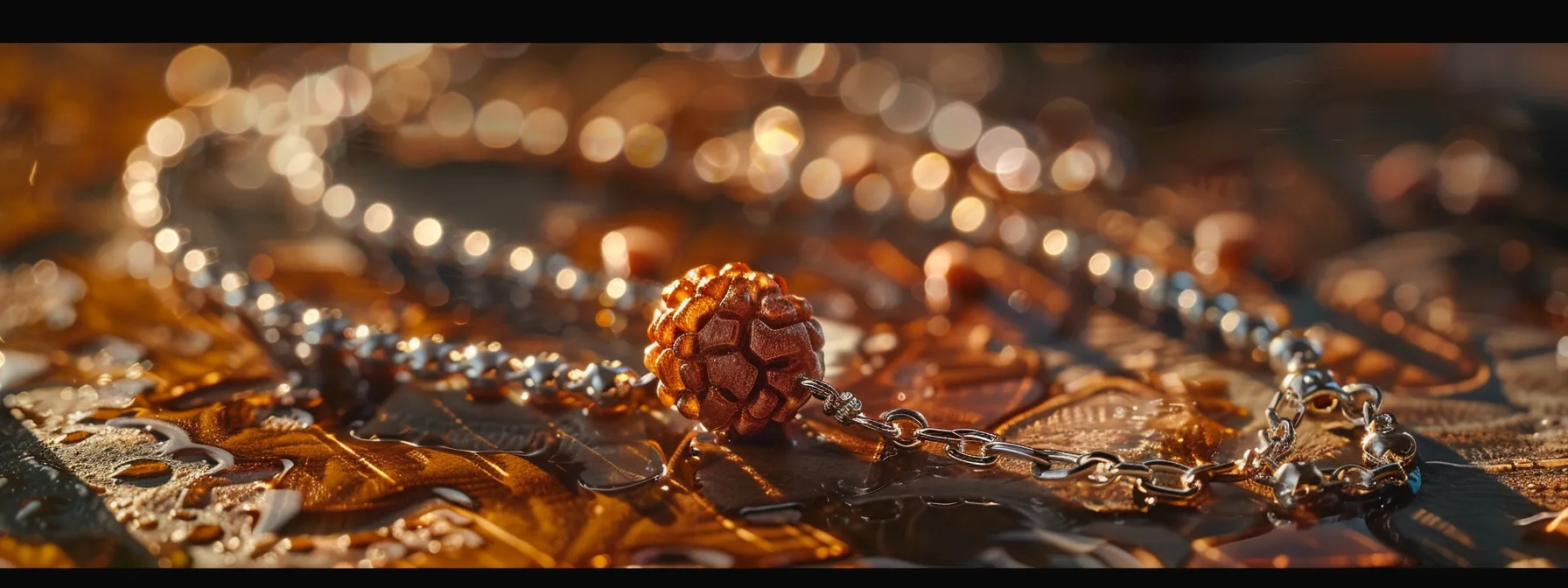 a close-up photo of a gleaming thirteen mukhi rudraksha bead next to a shimmering silver chain, symbolizing strength and spiritual connection.