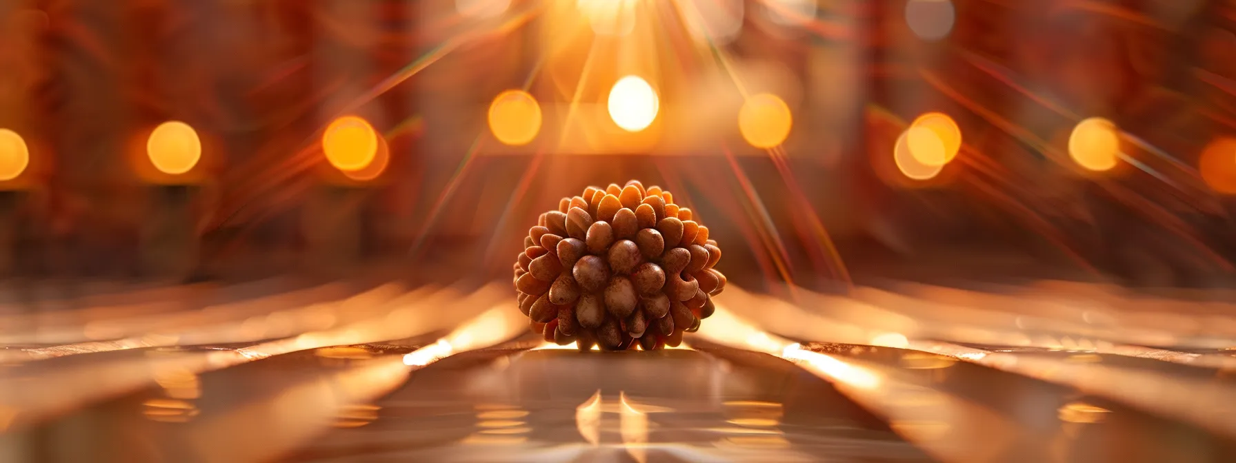 a close-up shot of a shimmering thirteen mukhi rudraksha glowing with spiritual energy, showcasing its intricate mukhi patterns and sacred aura.