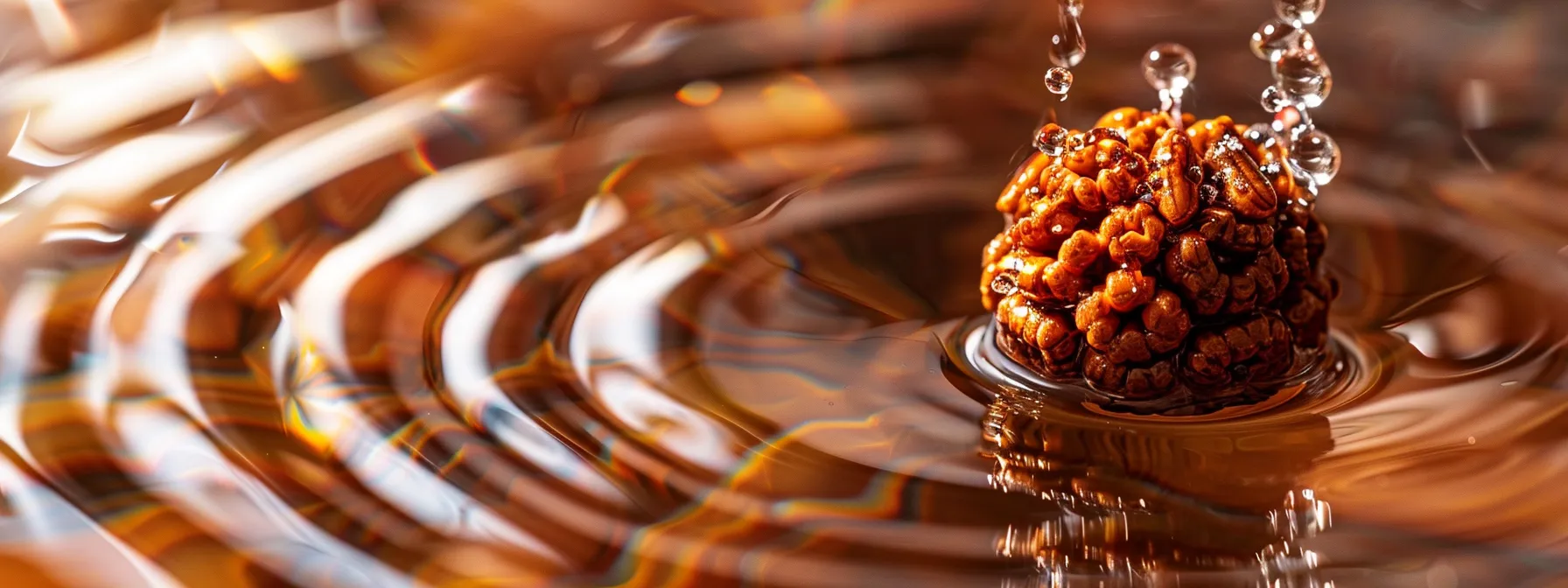 a close-up photo of a twelve mukhi rudraksha bead being submerged in water, reflecting intricate designs and textures.