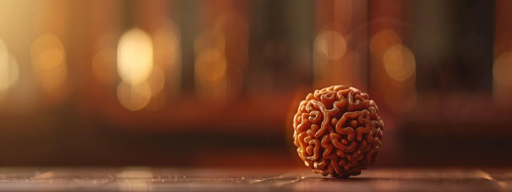 a close-up photo showcasing a fourteen mukhi rudraksha bead with intricate details and a serene aura, reflecting its authenticity and spiritual significance.