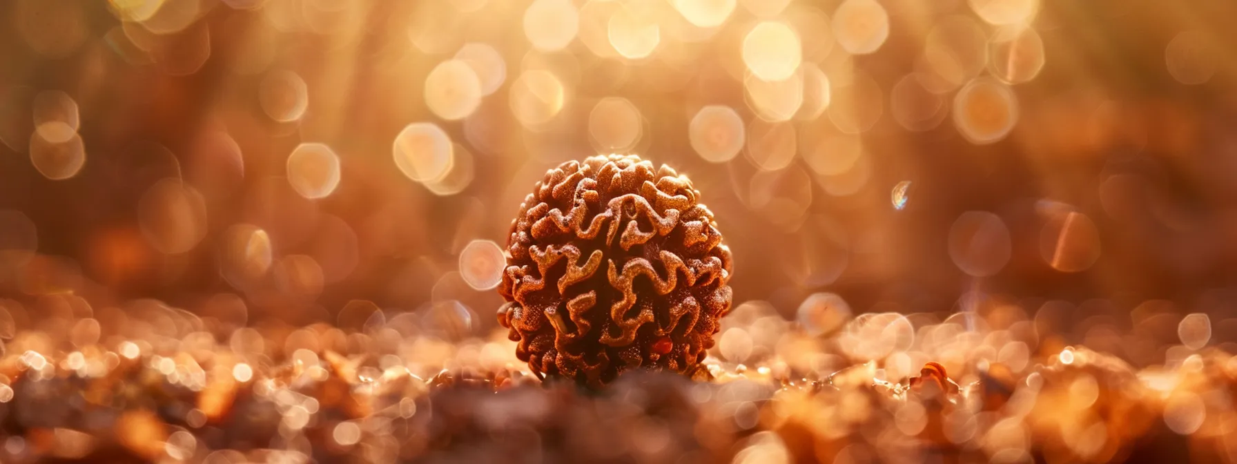 a close-up photo of a shiny thirteen mukhi rudraksha bead, showcasing its unique chemical composition and vibrant energy.