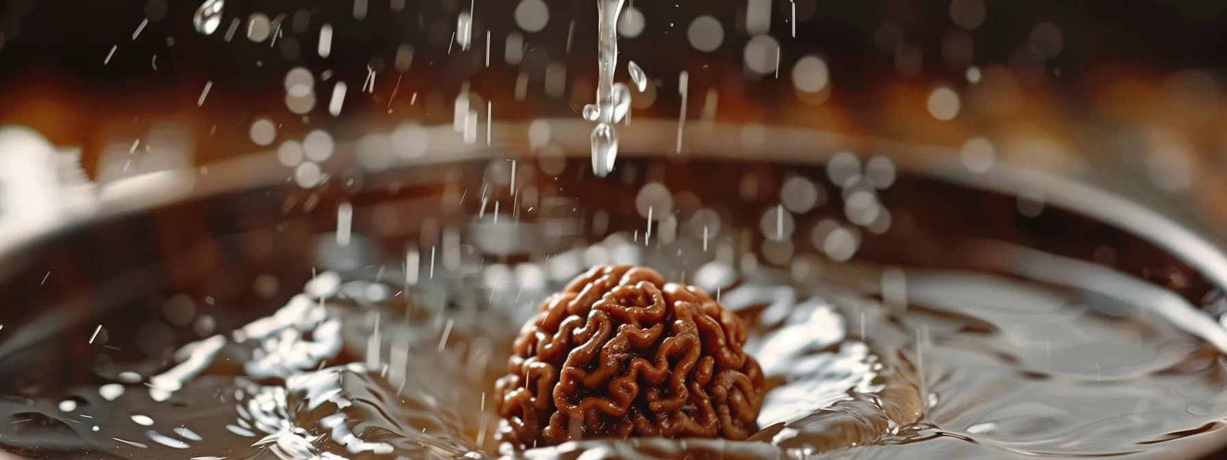 a close-up photo of a gleaming thirteen mukhi rudraksha bead being gently cleaned with delicate care, showcasing its spiritual purity and vibrational qualities.