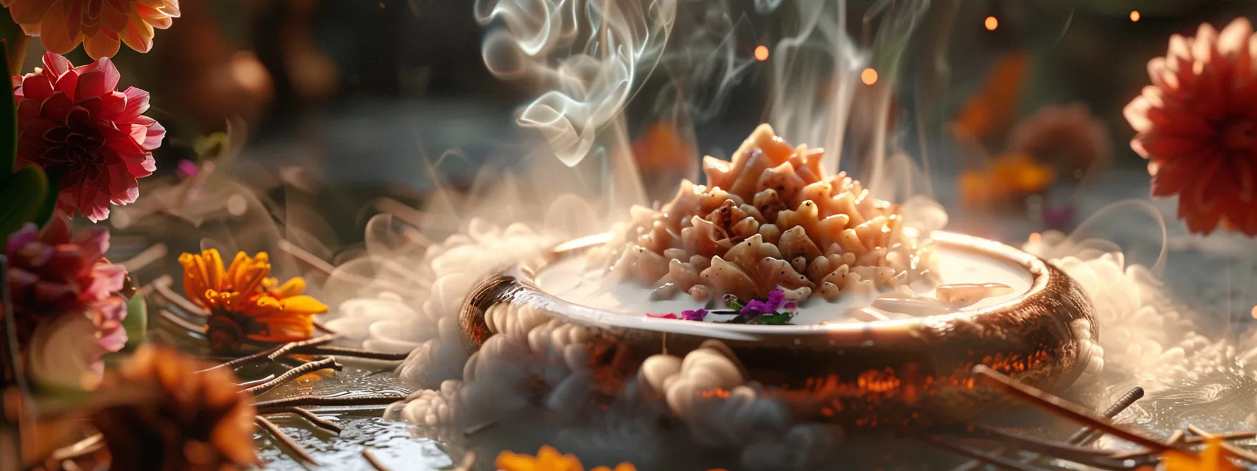 a fourteen mukhi rudraksha being cleansed in milk surrounded by incense and flowers for purification and spiritual resonance.