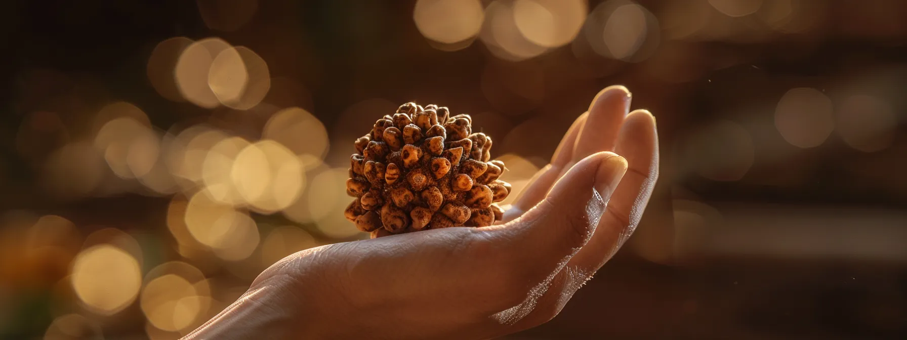 a hand holding a gleaming four mukhi rudraksha, its four faces shining with authenticity and spiritual power.