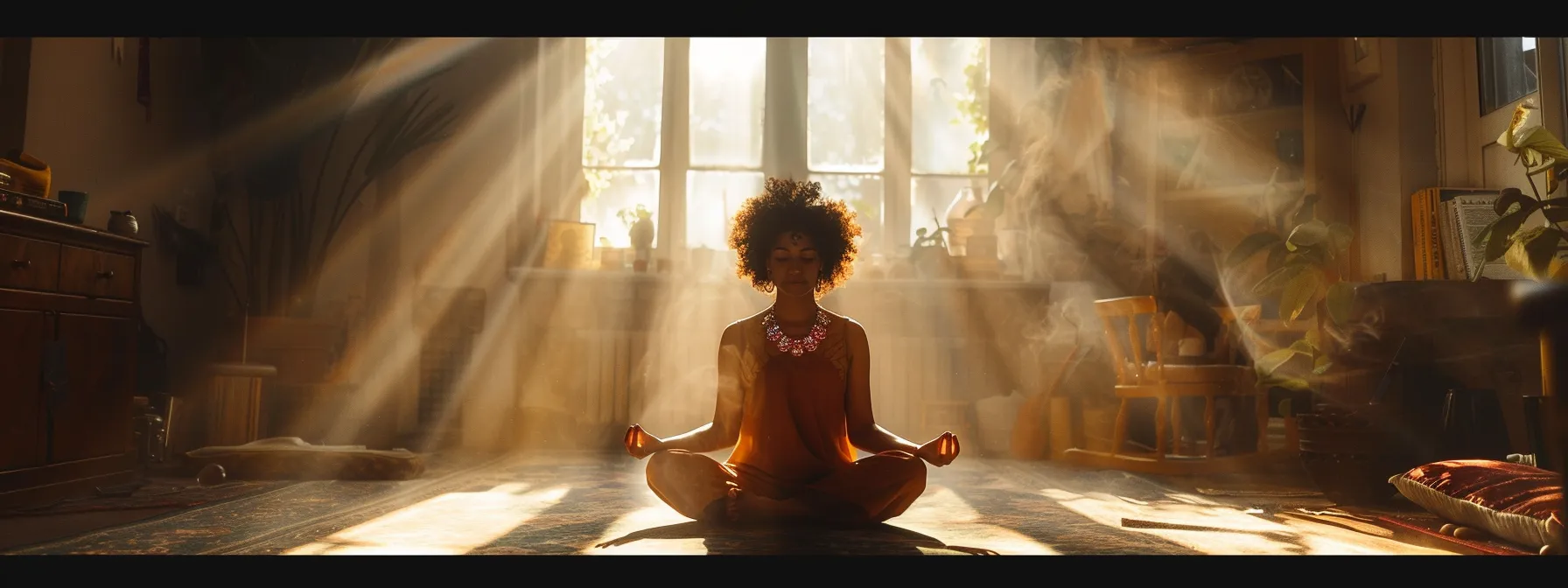 a person meditating in a sunlit room, wearing a shining twelve mukhi rudraksha necklace, surrounded by glowing rays of solar energy.