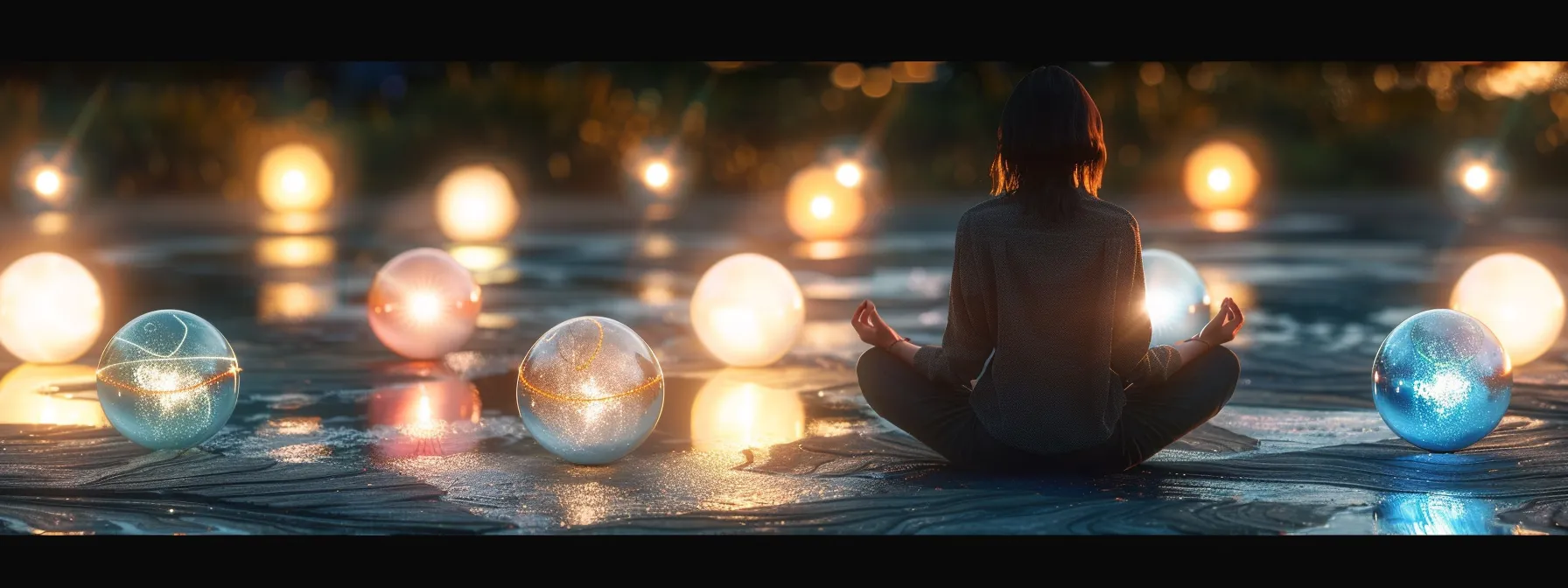 a person sitting cross-legged on the ground, surrounded by seven glowing orbs representing each chakra, as they focus on balancing and aligning their energy centers through meditation.