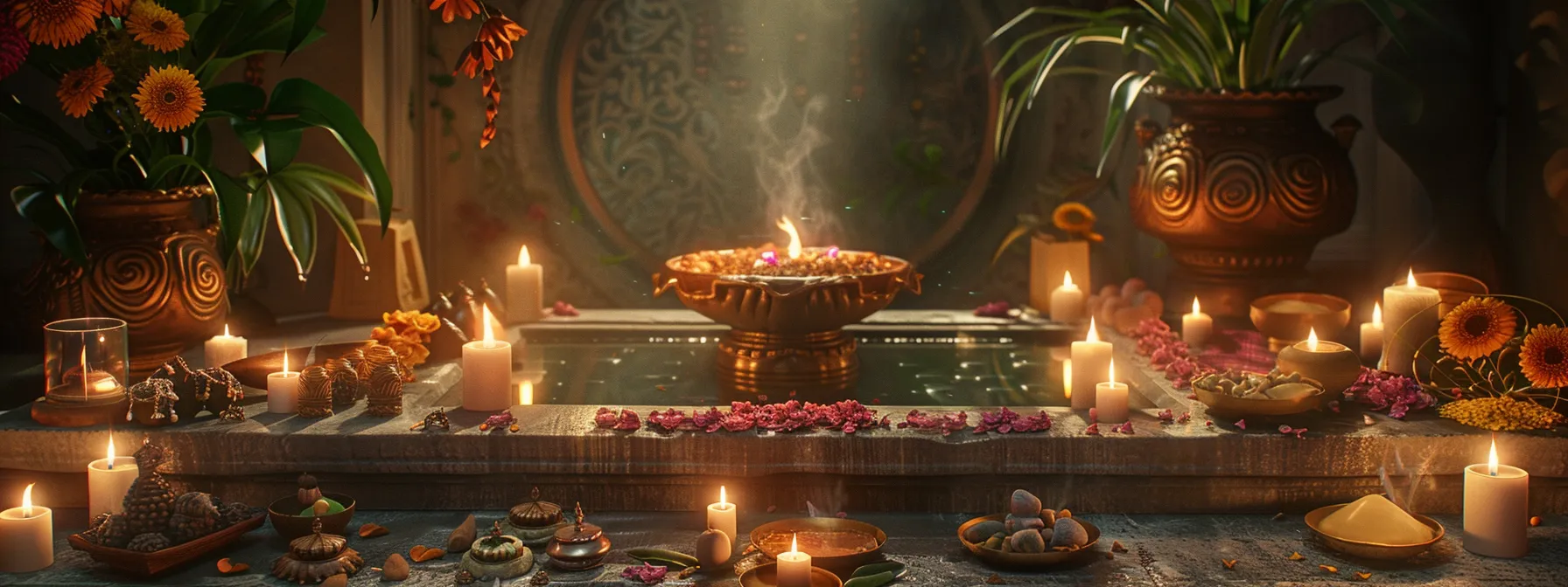 a serene altar adorned with water, sandalwood, and prayer offerings, surrounded by candles and incense, ready for the purification ritual of the twelve mukhi rudraksha.