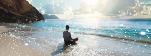 a serene beach setting with a person hooked up to biofeedback sensors, peacefully managing their stress levels.