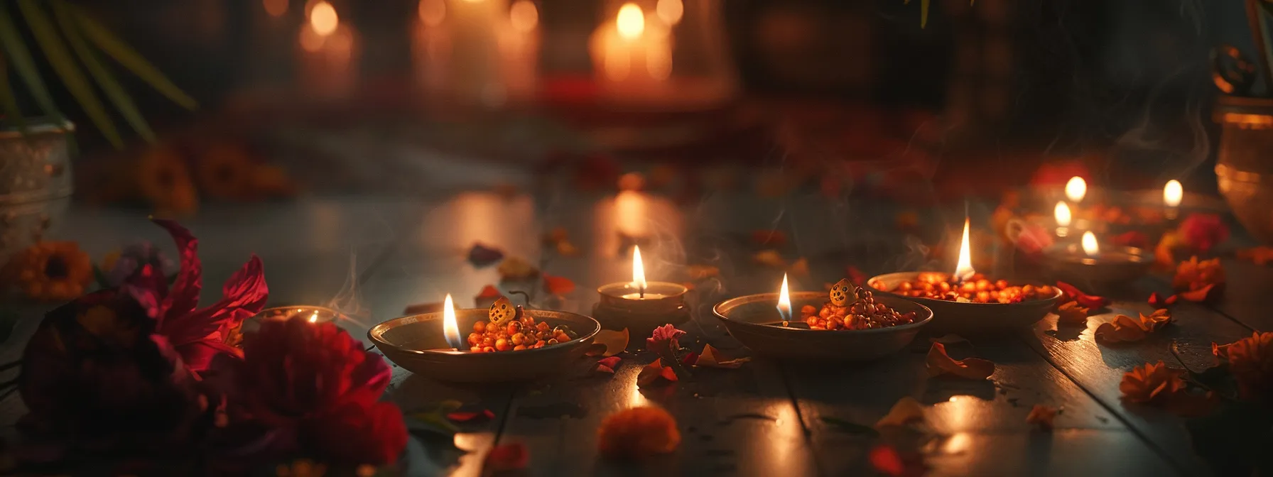 a serene ceremony featuring the twelve mukhi rudraksha being offered amidst flickering candlelight and fragrant incense.