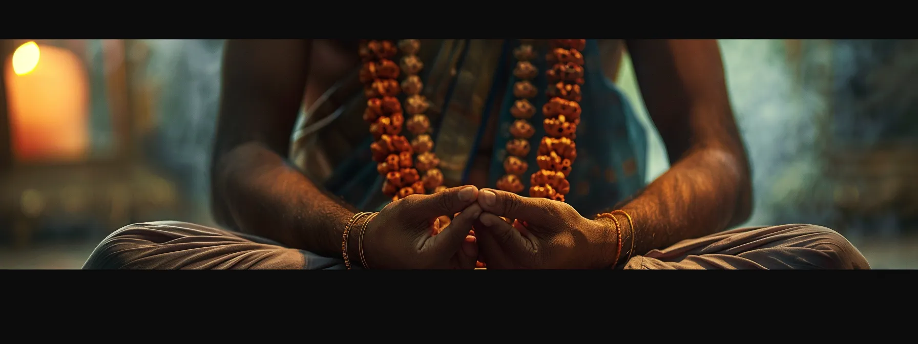 a serene figure in deep meditation, hands folded in front, wearing a radiant twelve mukhi rudraksha bead around their neck.