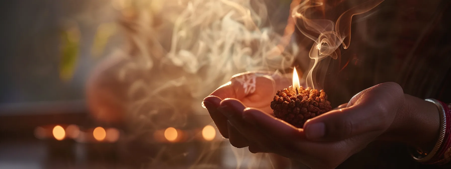 a serene individual holding a gleaming fourteen mukhi rudraksha bead, surrounded by calming incense smoke and soft candlelight, preparing for a sacred ritual.