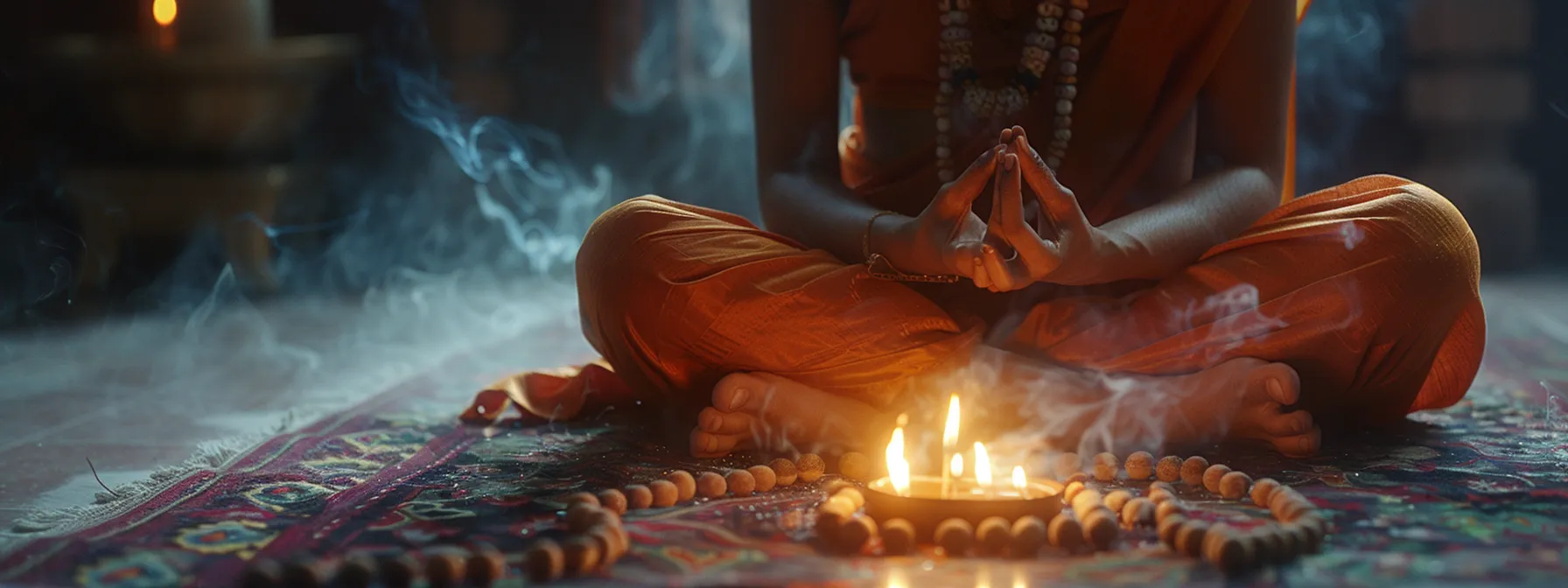 a serene individual meditating with a peaceful expression, surrounded by glowing fourteen mukhi rudraksha beads and incense, in a tranquil setting.