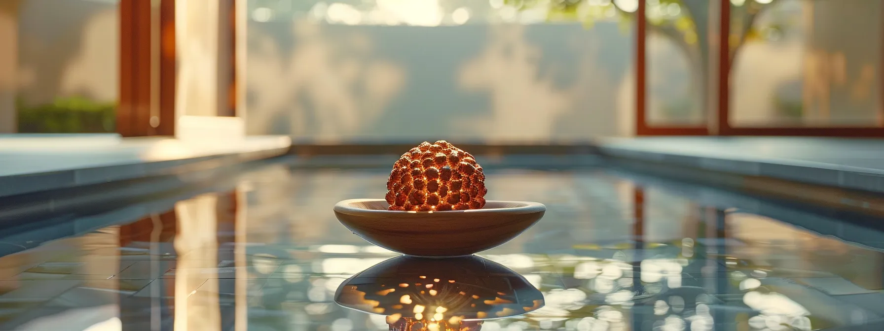 a serene meditation space adorned with a shimmering fourteen mukhi rudraksha bead at its center.