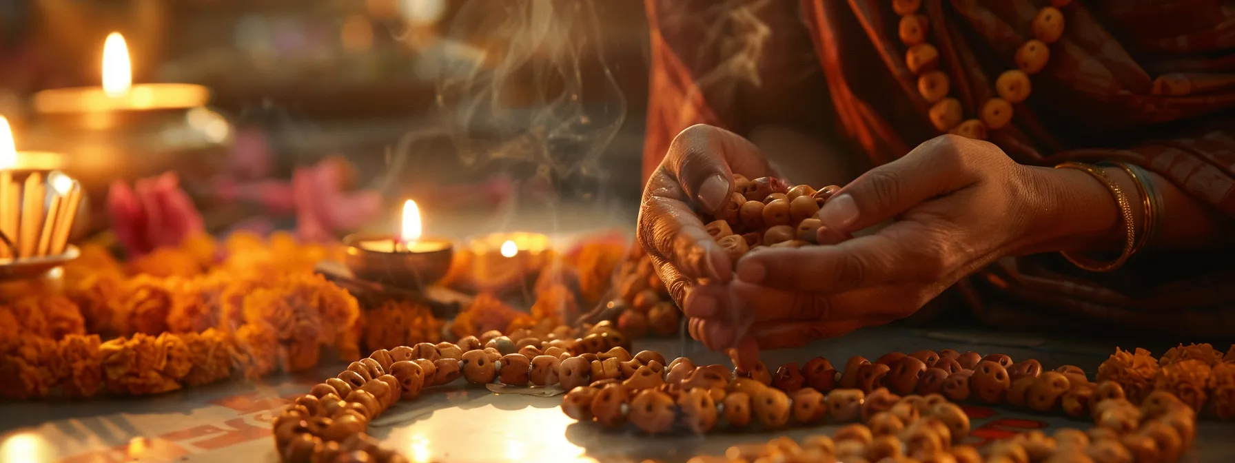 a serene meditator gently placing a gleaming twelve mukhi rudraksha necklace around their neck, surrounded by softly lit candles and fragrant incense.