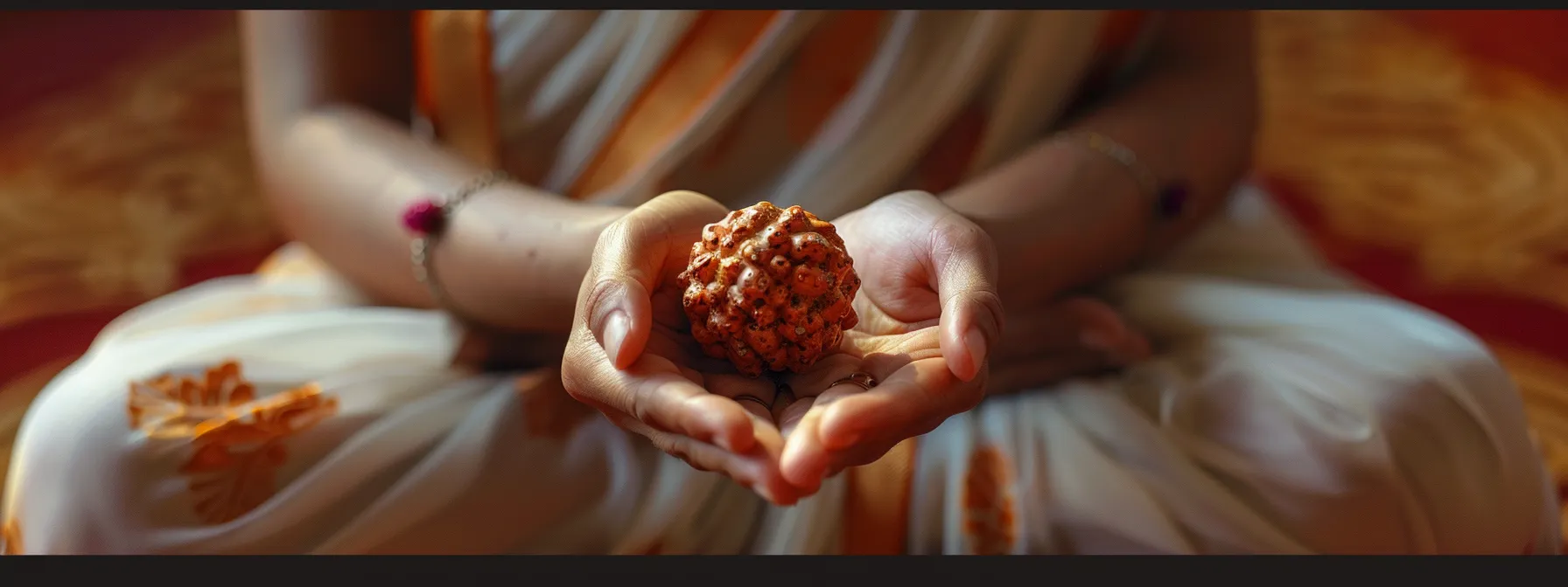 a serene meditator holding a shimmering fourteen mukhi rudraksha bead, radiating spiritual energy and deepening their connection to the third eye.