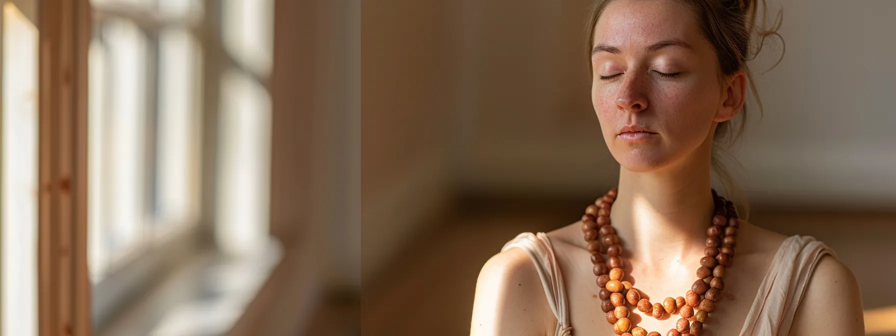 a serene meditator wearing a fourteen mukhi rudraksha necklace, surrounded by a soft glow of light and peaceful energy.