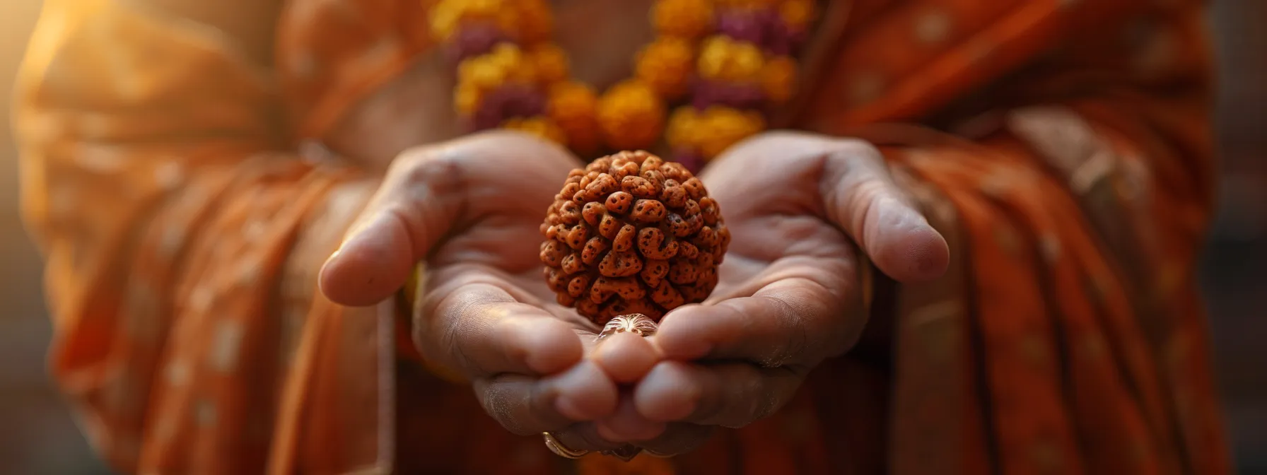 a serene moment captured with a reputable seller holding up a gleaming fourteen mukhi rudraksha, surrounded by authenticity certificates and documentation, highlighting the importance of a genuine spiritual investment.