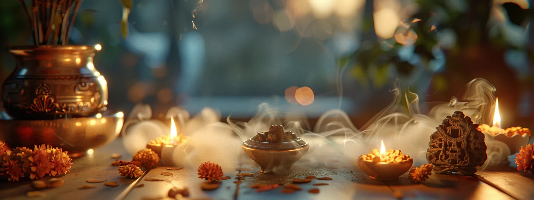 a serene scene featuring a four mukhi rudraksha bead being cleansed and energized with sacred mantras and intentions, surrounded by incense smoke and flickering candlelight.