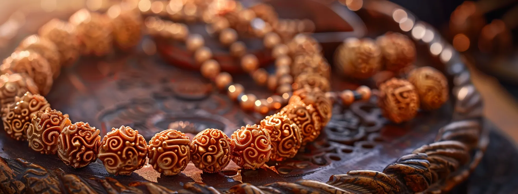 a shimmering twelve mukhi rudraksha necklace adorned with intricate carvings, evoking ancient hindu tales of deities and spiritual practices.