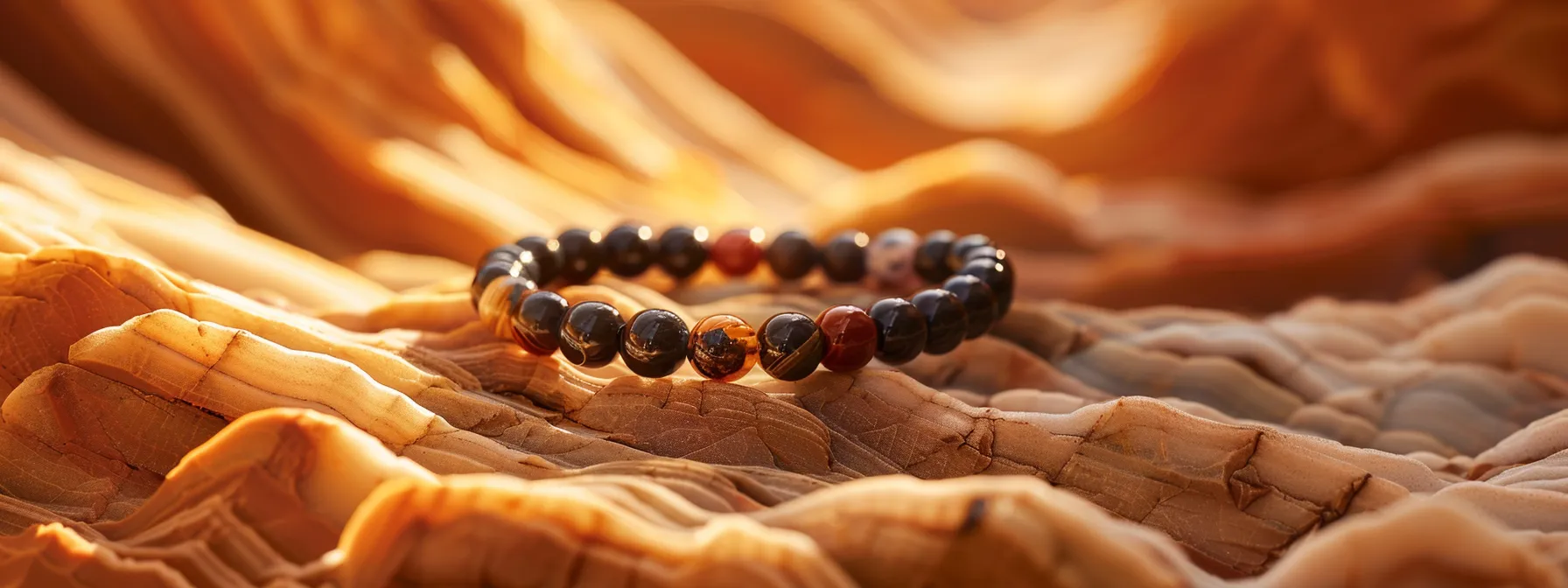 a sleek onyx bracelet gleams with rich hues, set against a backdrop of australian limestone formations.