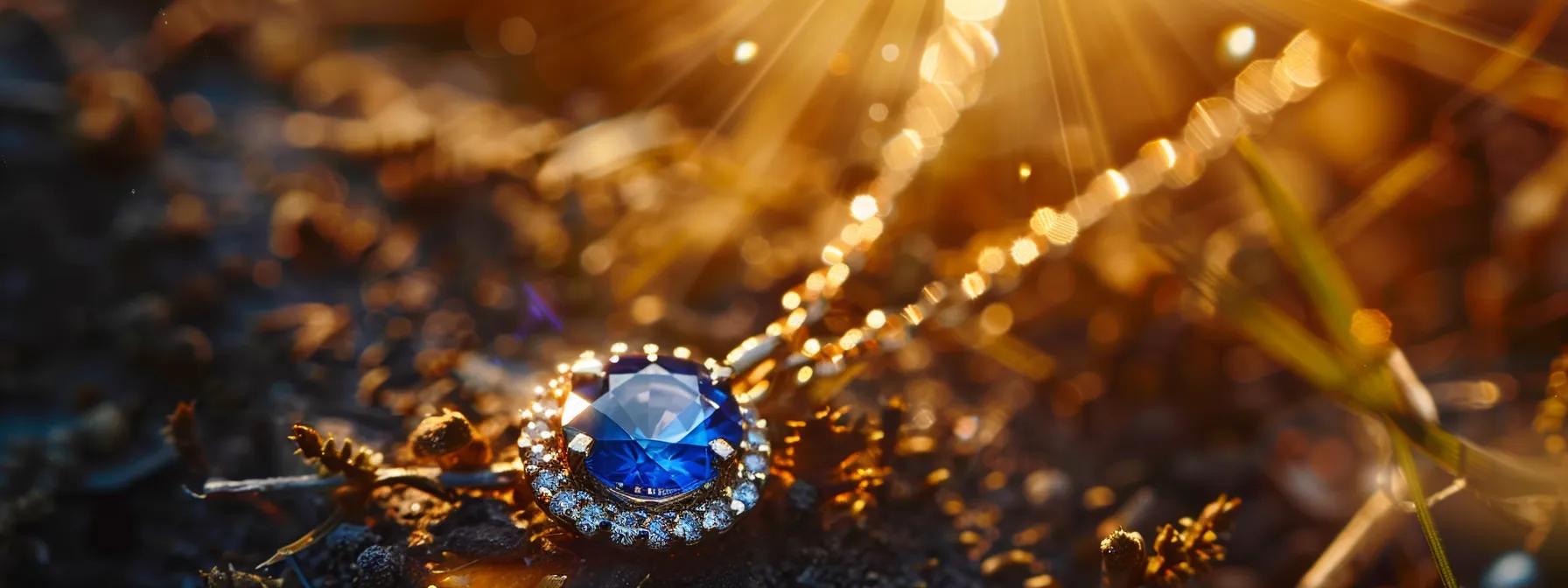 a sparkling blue sapphire necklace shimmering under a warm light, showcasing its exquisite gem quality and elegant setting.