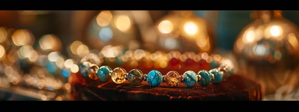 a sparkling jasper bracelet displayed on a velvet cushion with a backdrop of elegant gemstone jewelry in a boutique in melbourne.