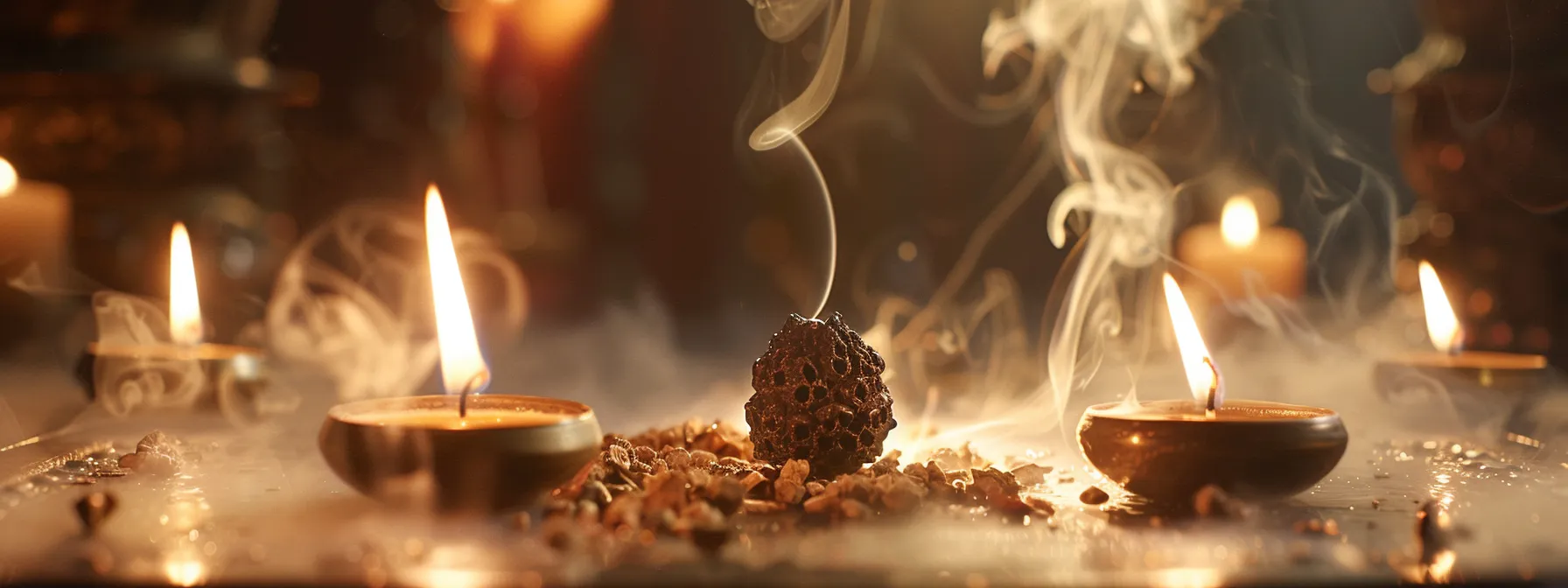 a sparkling thirteen mukhi rudraksha bead surrounded by incense smoke and glowing candles during a purification ritual.