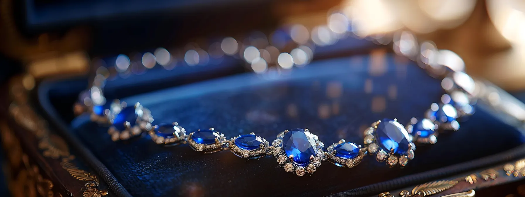 a stunning blue sapphire necklace being gently cleaned and stored in a luxurious velvet-lined jewelry box.