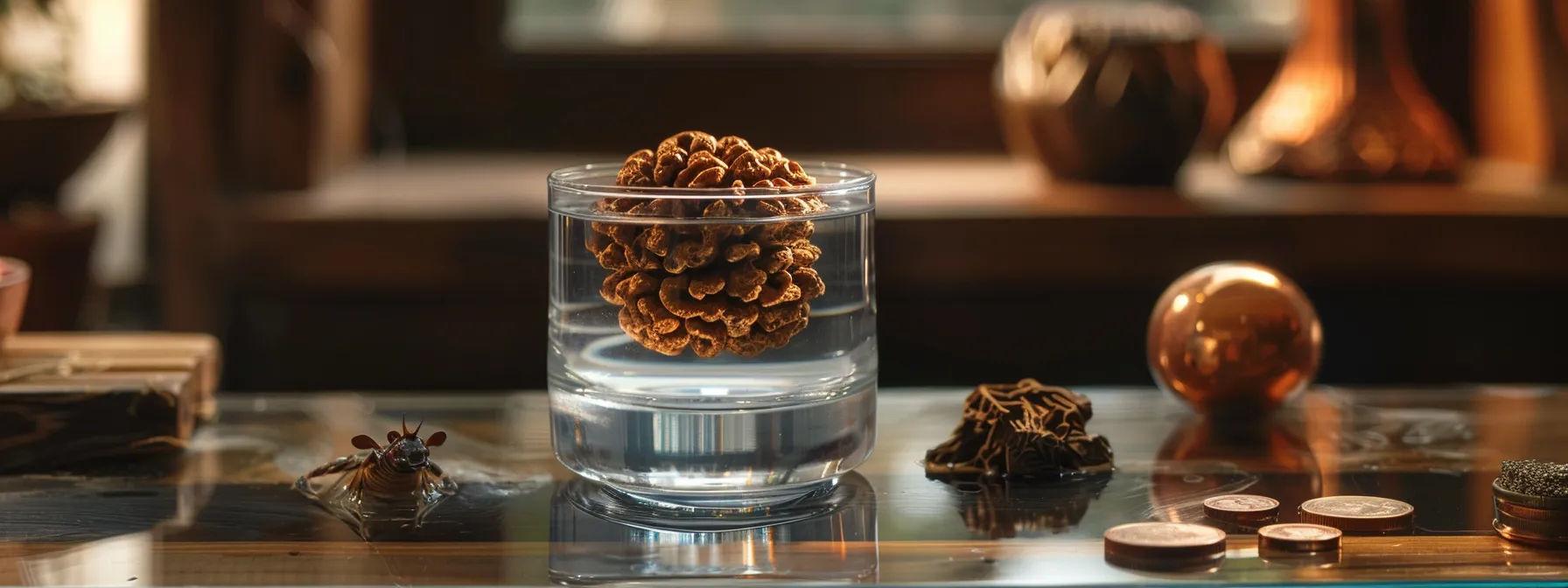 a twelve mukhi rudraksha floating in a glass of water, surrounded by a copper coin and an x-ray machine, symbolizing the practical tests for verifying its authenticity.