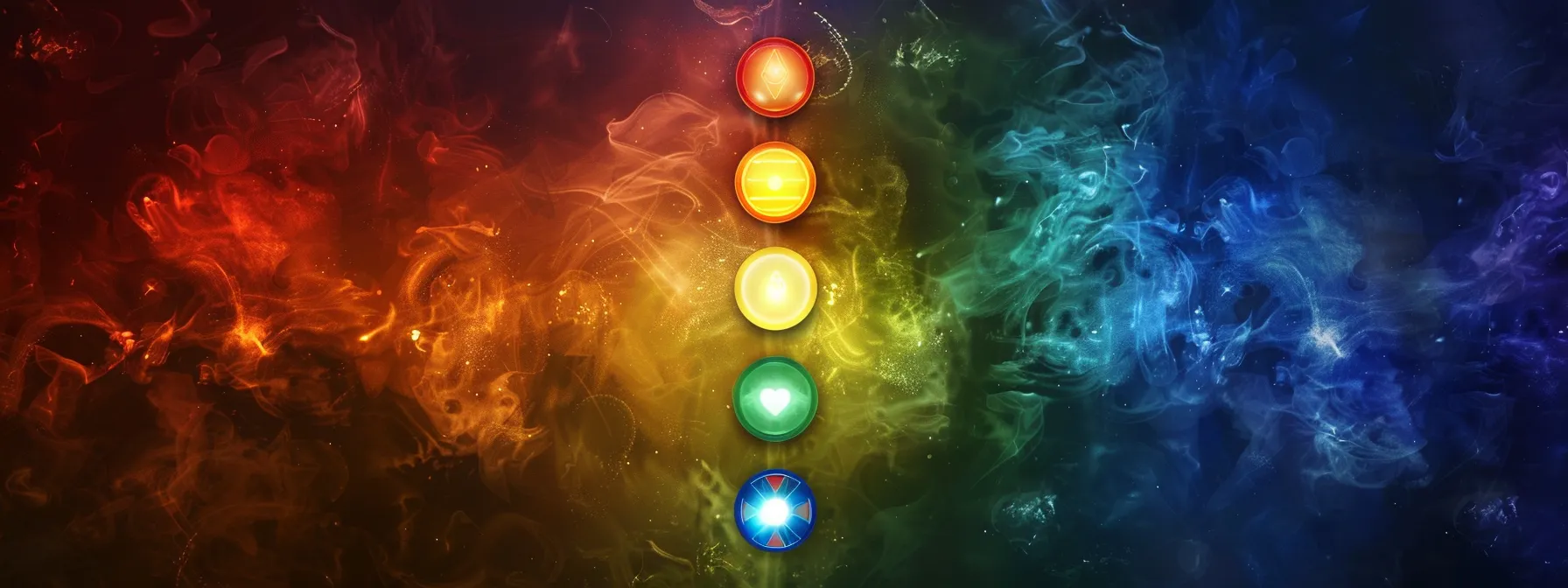 vibrant chakra symbols radiating red, orange, yellow, green, blue, indigo, violet, and white hues, embodying grounding, creativity, personal power, love, communication, intuition, and spiritual awareness.