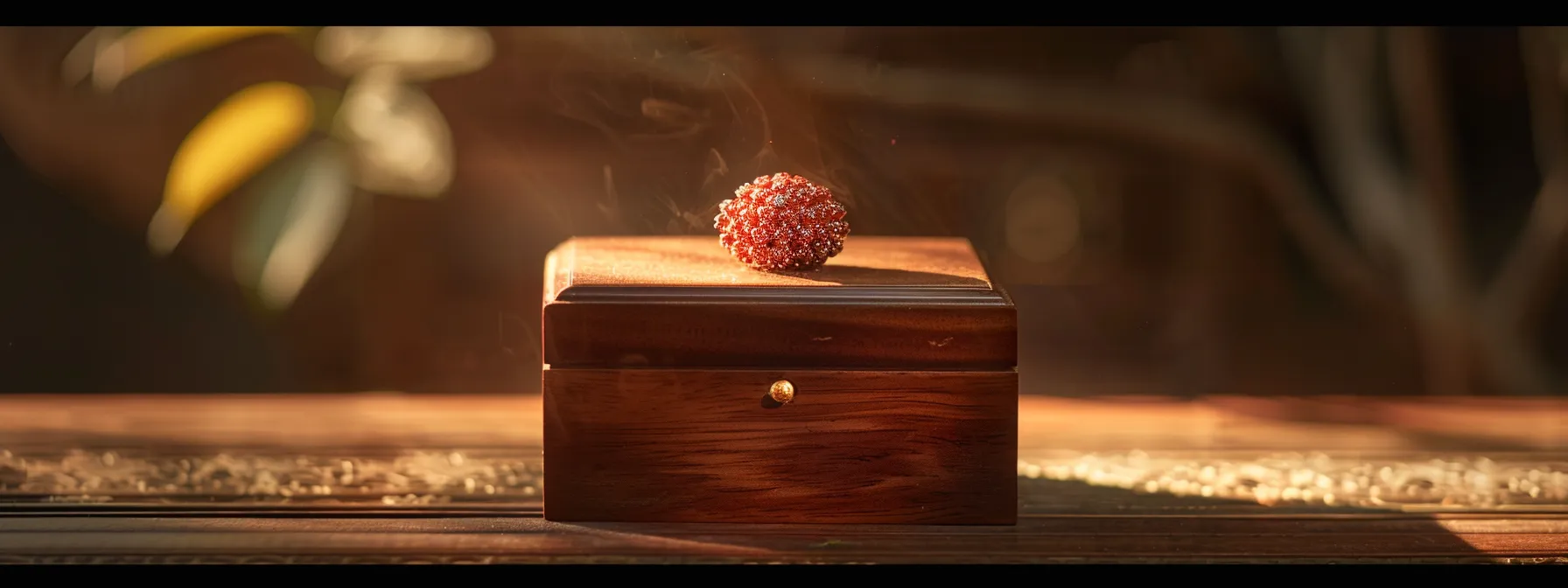 an elegant wooden jewelry box holding a shimmering thirteen mukhi rudraksha, surrounded by soft, ambient lighting.