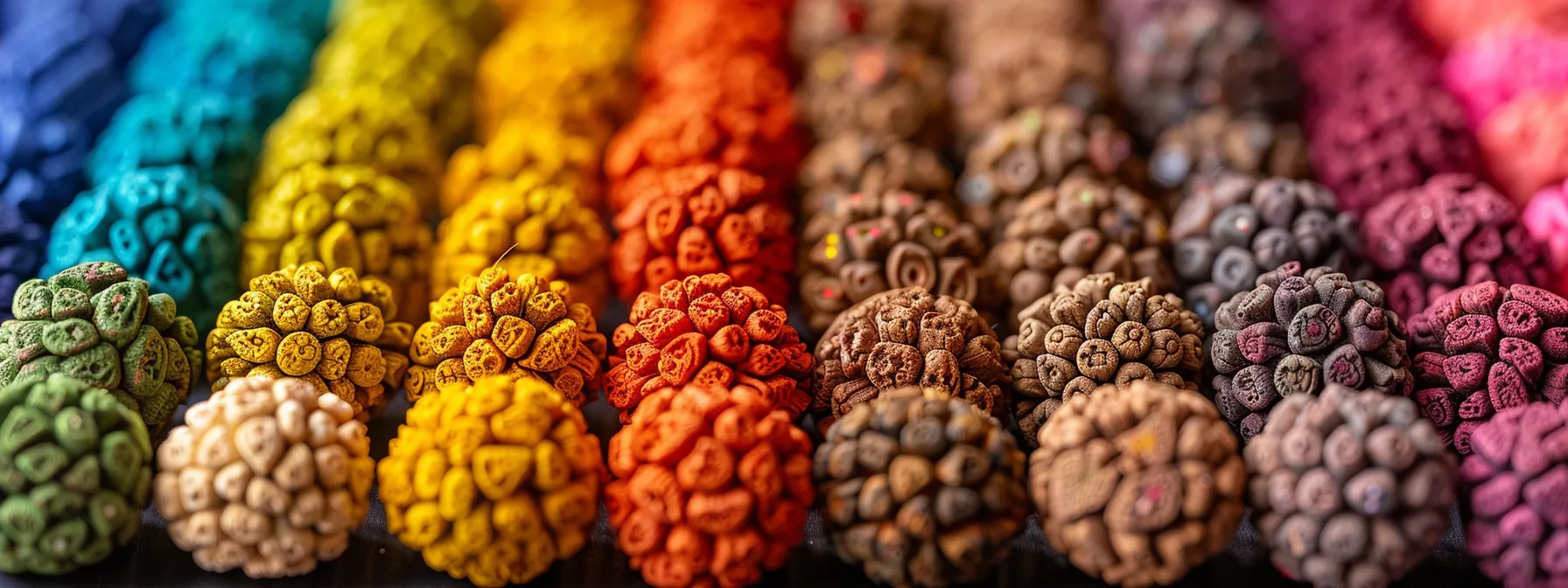 a close-up photo showcasing a vibrant array of different rudraksha beads each uniquely corresponding to specific chakras, symbolizing the meticulous journey of selecting the right bead for personal energy alignment.