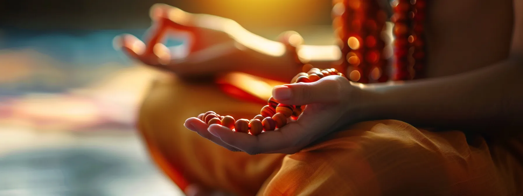 a close-up photo of a person meditating with a string of vibrant rudraksha beads draped over their hand, creating a serene and focused atmosphere.