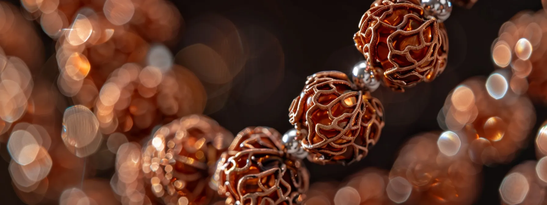 a close-up shot of intricate, shimmering rudraksha beads intertwined with a delicate silver chain, symbolizing the fusion of ancient spirituality with modern practices.