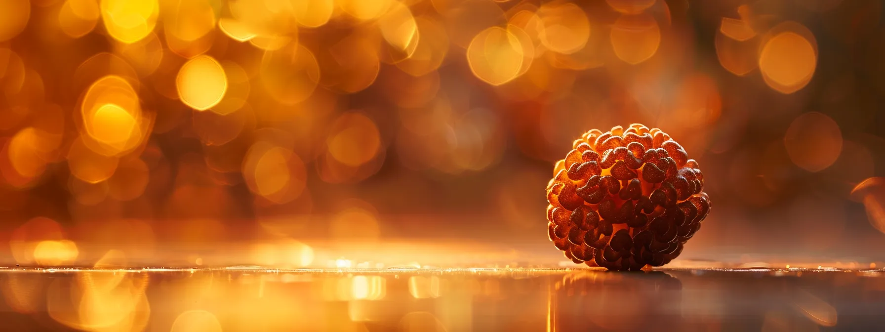 a close-up photo showcasing a single rudraksha bead against a soft, glowing background, emphasizing its intricate texture and spiritual significance.