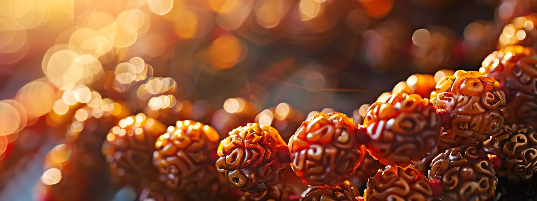 a close-up shot of a vibrant rudraksha bead necklace, radiating energy and spirituality.