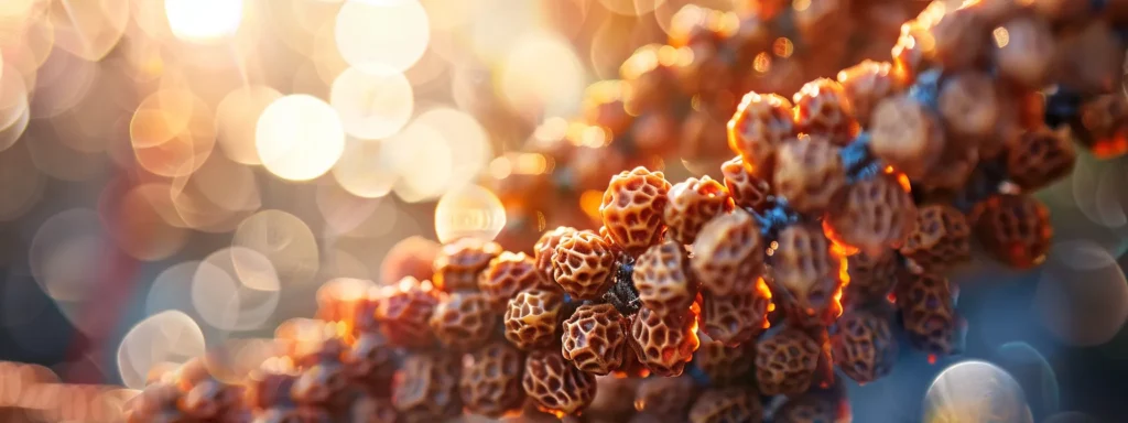 a mesmerizing close-up of a string of sacred rudraksha beads, radiating a powerful spiritual energy.