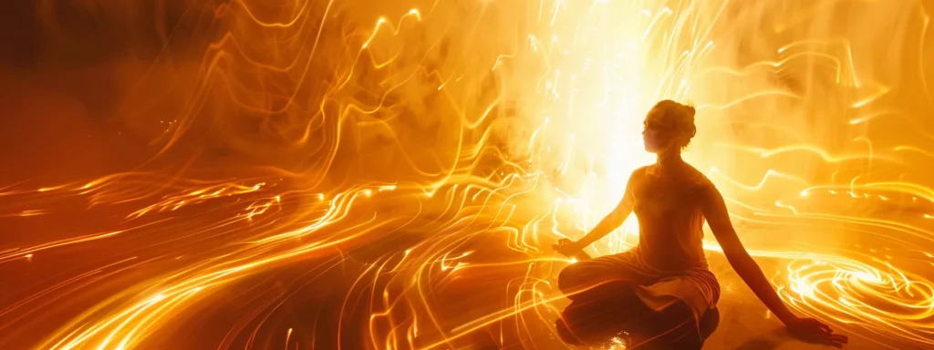 a person bathed in radiant light, surrounded by swirling energy, experiencing a profound kundalini awakening.