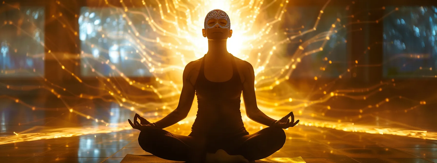 a person in a yoga pose, eyes closed, with a radiant aura of energy emanating from their body as they synchronize their breath with movement to awaken kundalini energy.