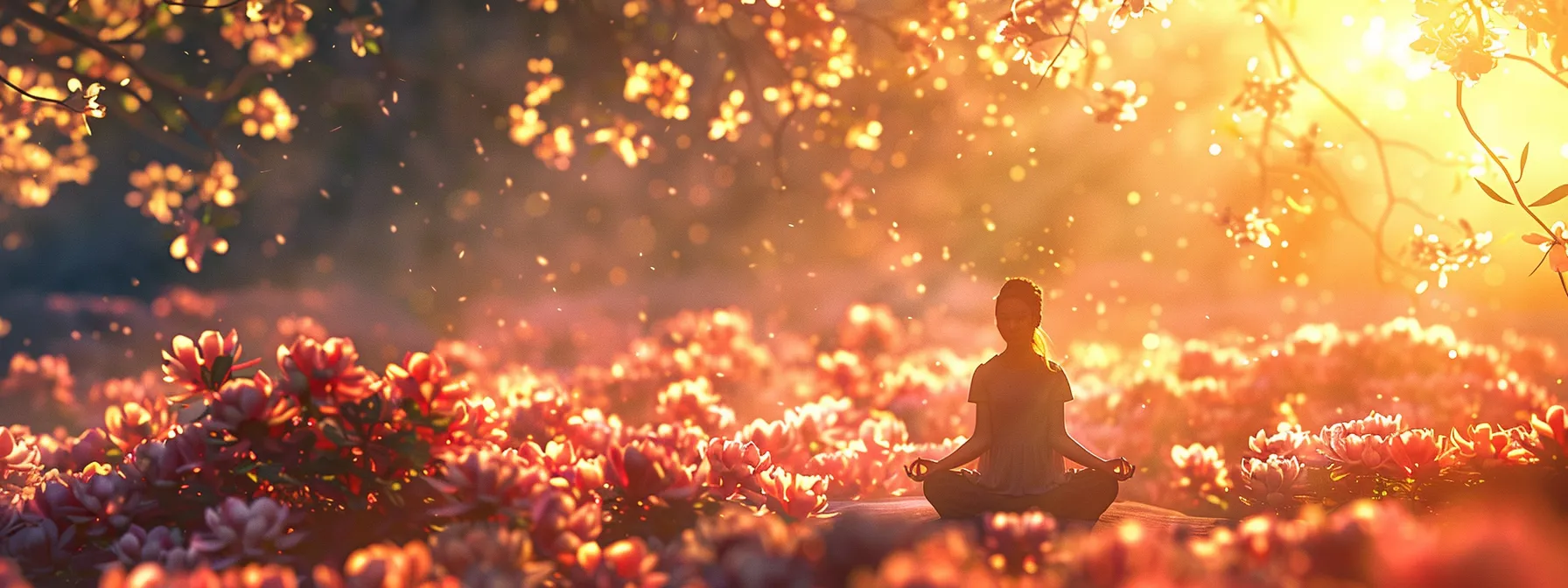 a person meditating in a tranquil garden, surrounded by vibrant blooming flowers and glowing with inner peace and intuition.