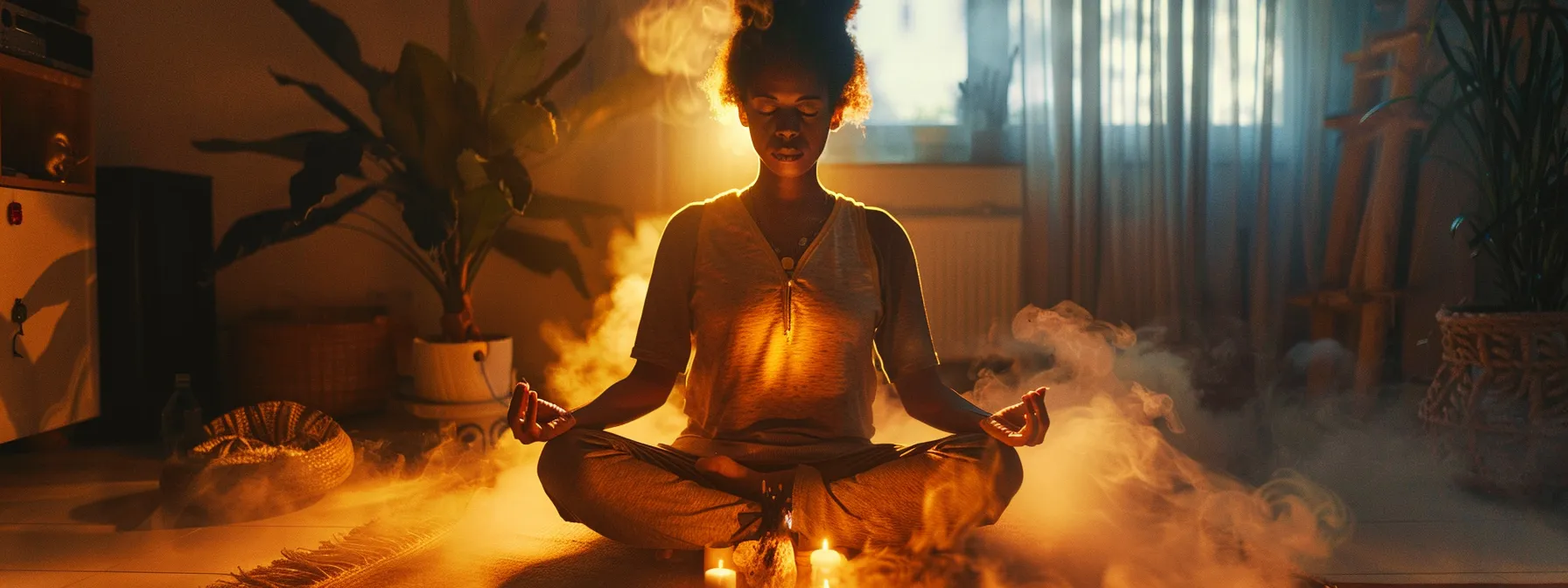 a person meditating peacefully in a serene, candlelit room, surrounded by incense smoke and holding a crystal for spiritual focus after awakening their inner power through kundalini energy.