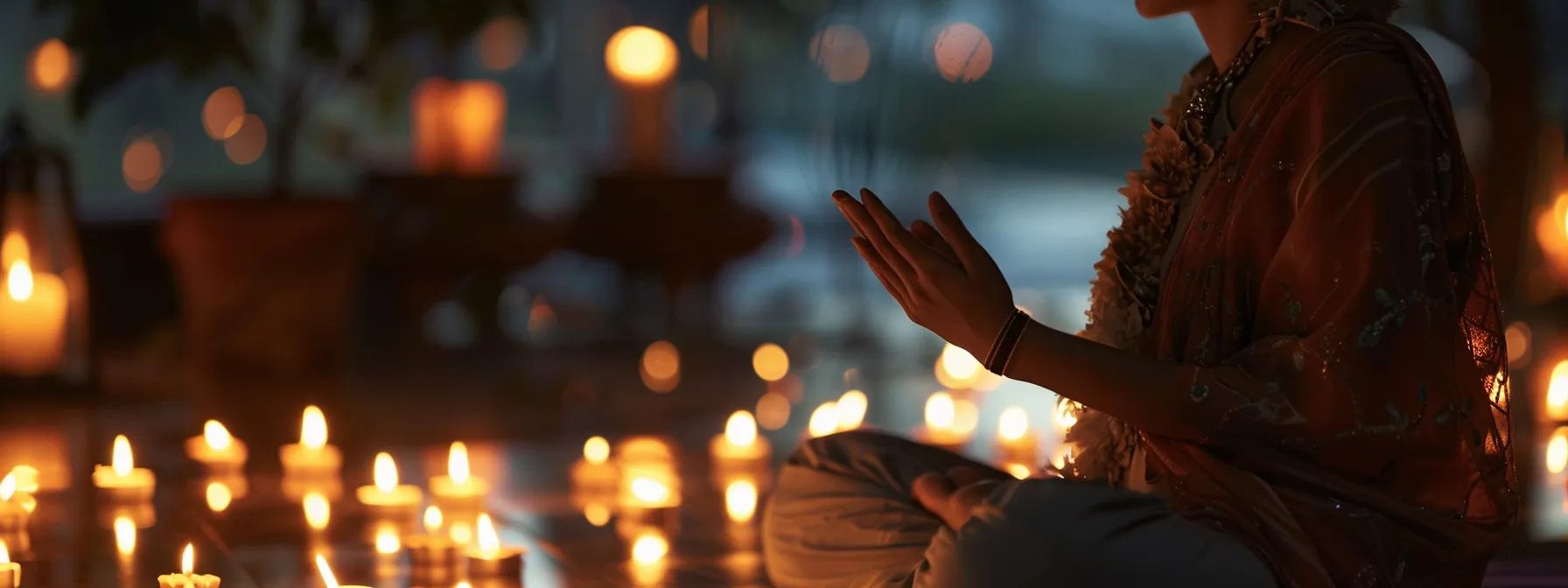 a person practicing kundalini yoga in a serene setting, with eyes closed, hands in a mudra position, and surrounded by soft candlelight.