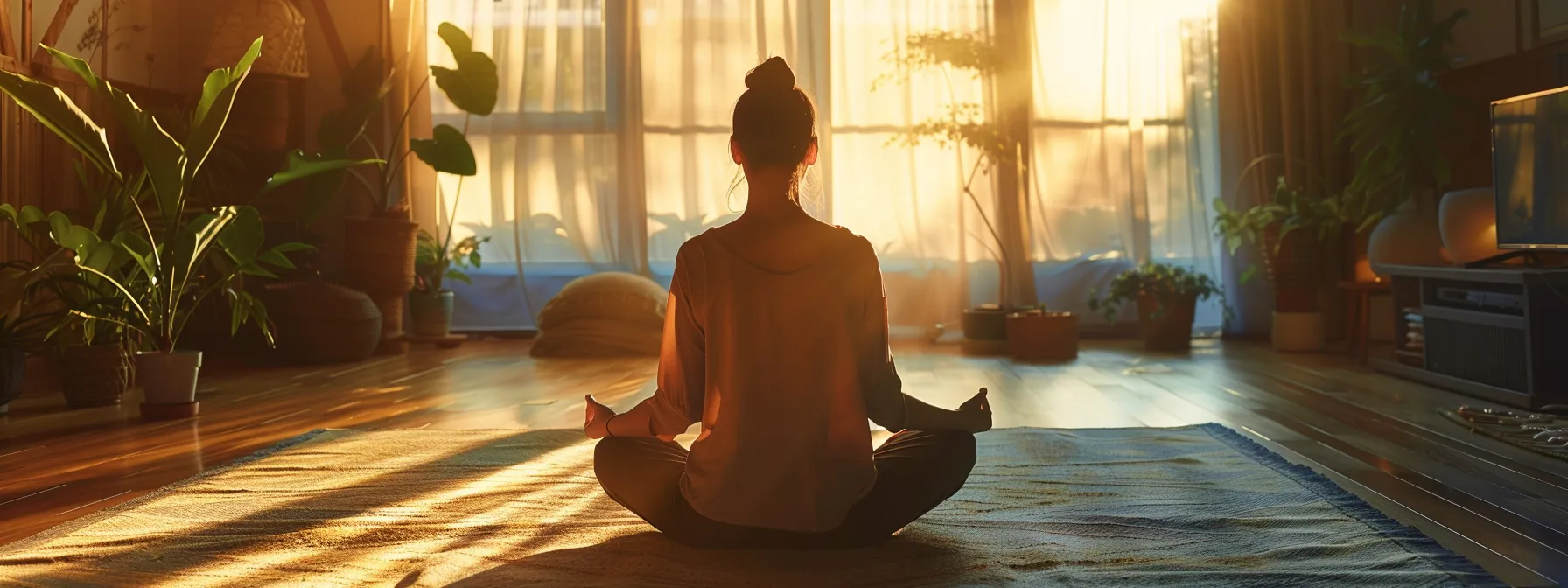 a person practicing mindfulness in daily activities, surrounded by elements representing balance and well-being.