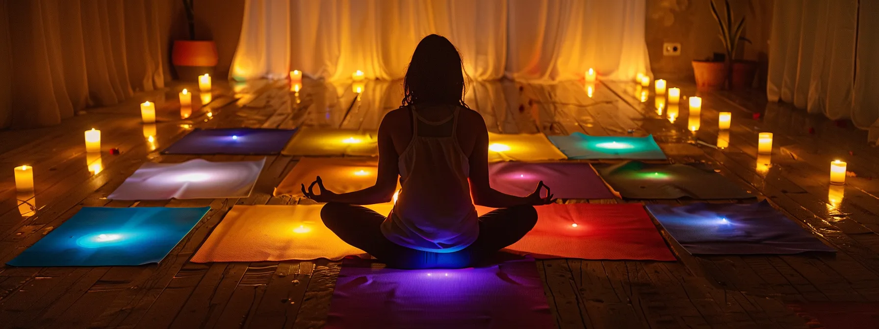 a person sitting cross-legged surrounded by candles and chanting mantras, with colorful yoga mats representing each chakra, creating a serene and spiritual atmosphere.