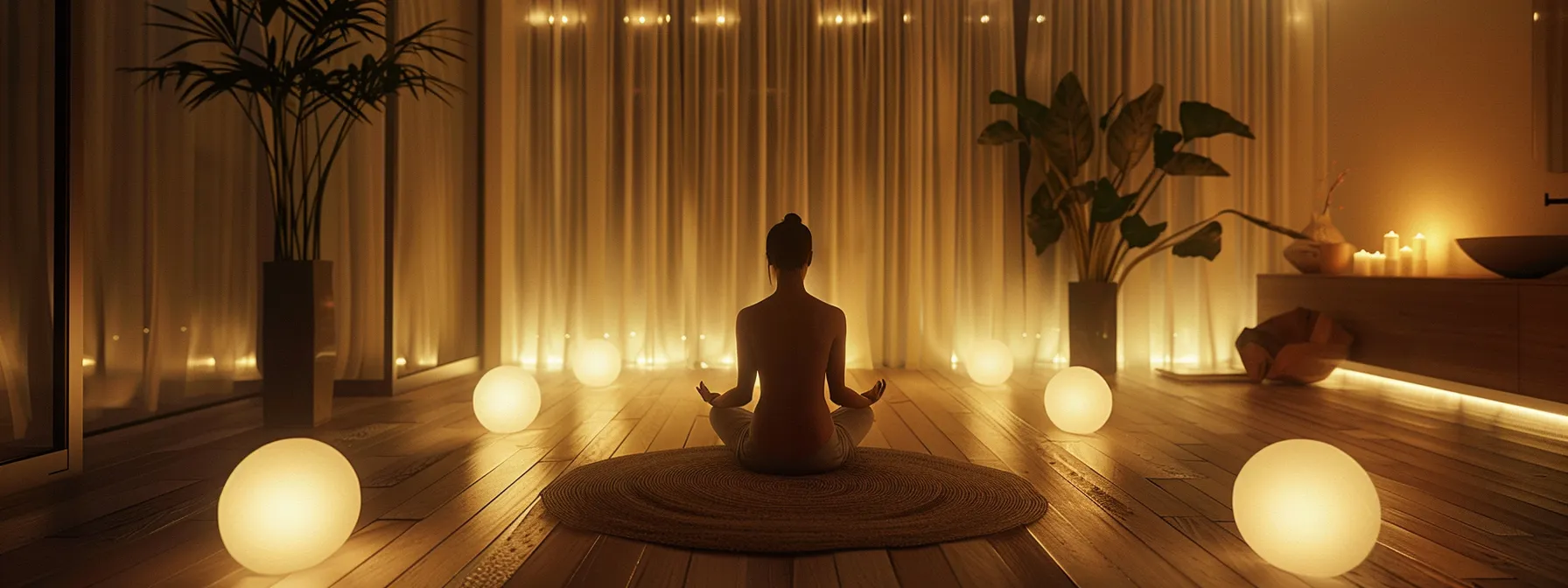 a person sitting cross-legged in a serene meditation room, surrounded by soft candle light, with a peaceful expression reflecting inner peace and emotional growth.