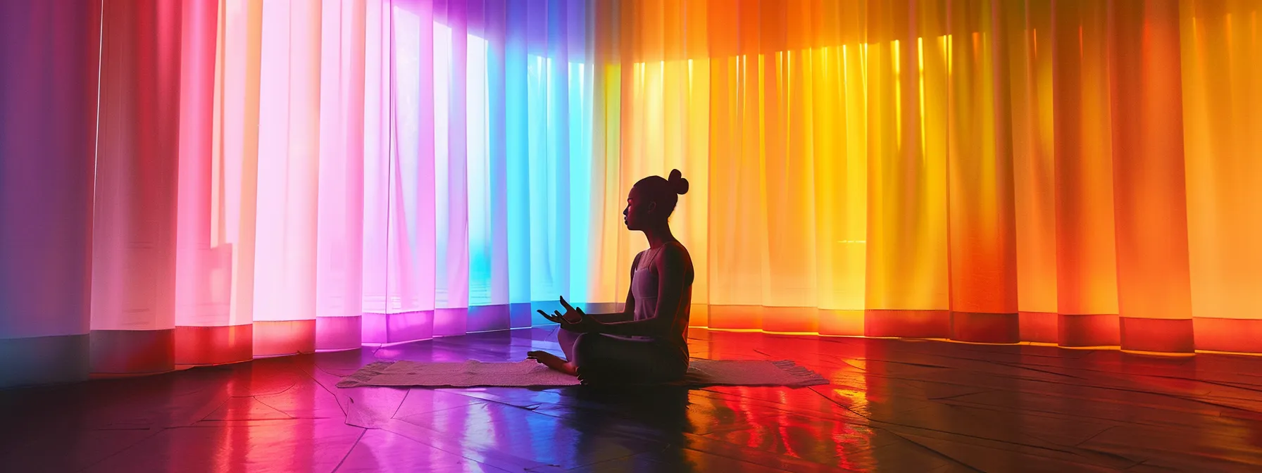 a person sitting cross-legged in a serene room, eyes closed, surrounded by softly glowing colors corresponding to each chakra, peacefully chanting a mantra specific to each energy center.