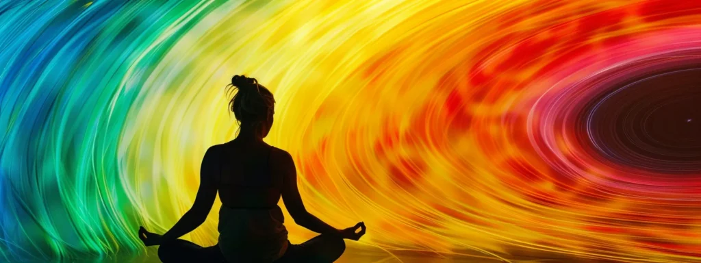 a person sitting in a lotus position, surrounded by vibrant swirling colors representing the seven chakras being unlocked through kundalini yoga.