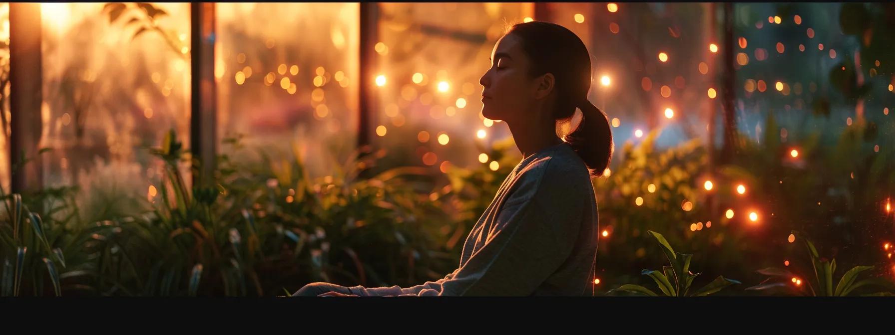 a person sitting in a peaceful garden, eyes closed, visualizing their desired outcomes with vibrant images floating around them.