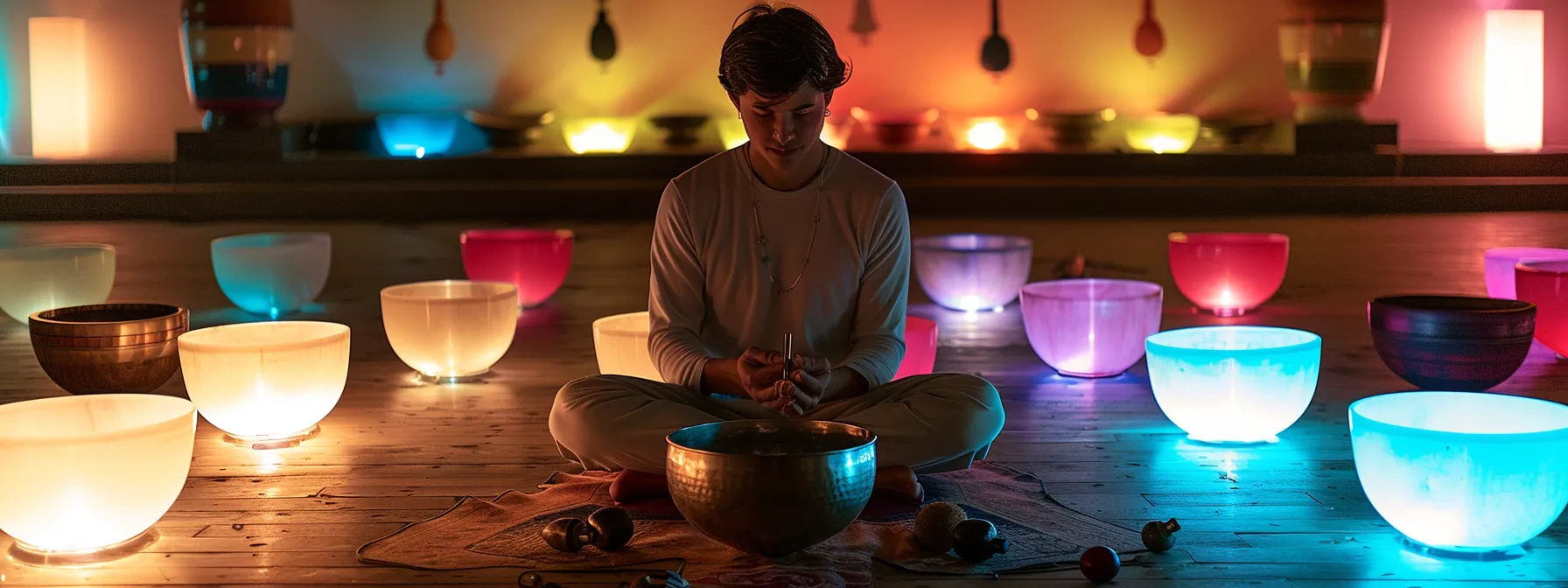 a person surrounded by vibrant singing bowls and tuning forks, creating a harmonious atmosphere for chakra alignment through sound healing.